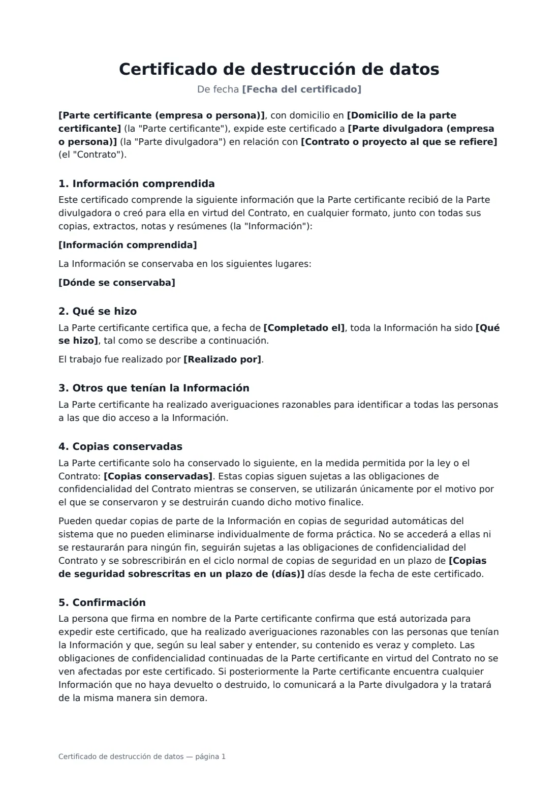 Certificado de destrucción de datos: página 1 de 2