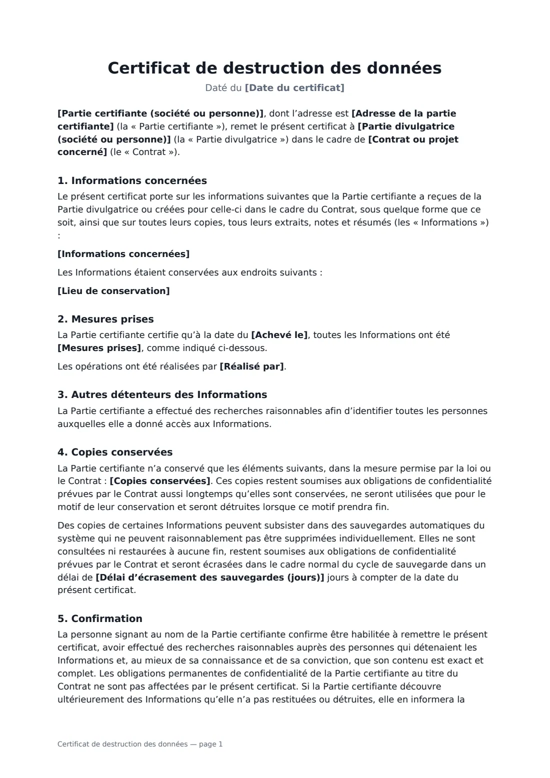 Certificat de destruction des données — page 1 sur 2