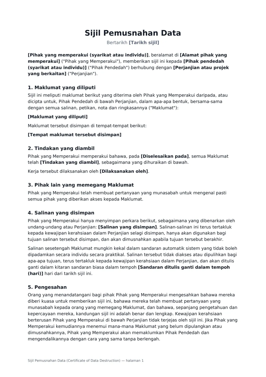 Sijil Pemusnahan Data (Certificate of Data Destruction) — halaman 1 daripada 2