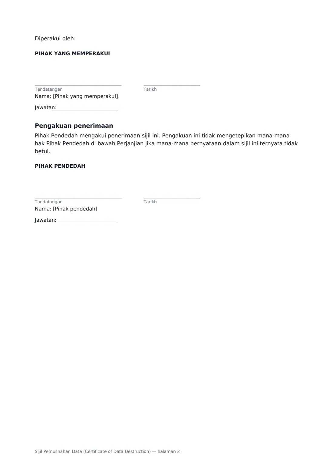 Sijil Pemusnahan Data (Certificate of Data Destruction) — halaman 2 daripada 2