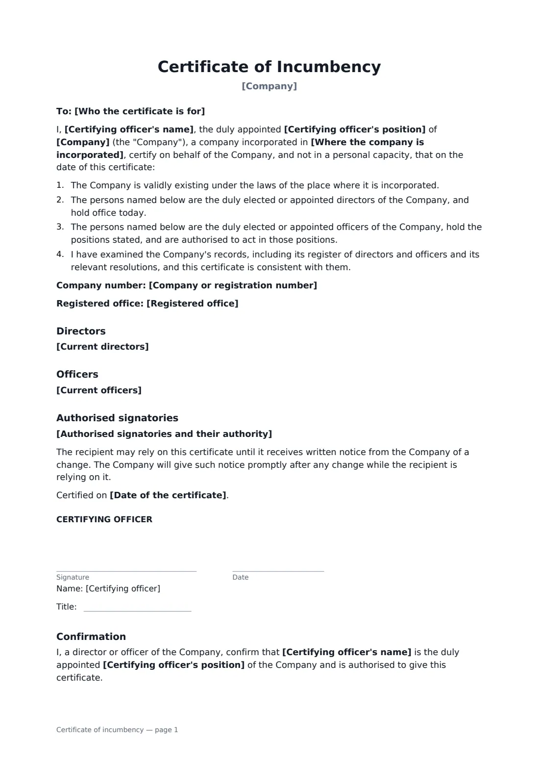 Certificate of incumbency — page 1 of 2