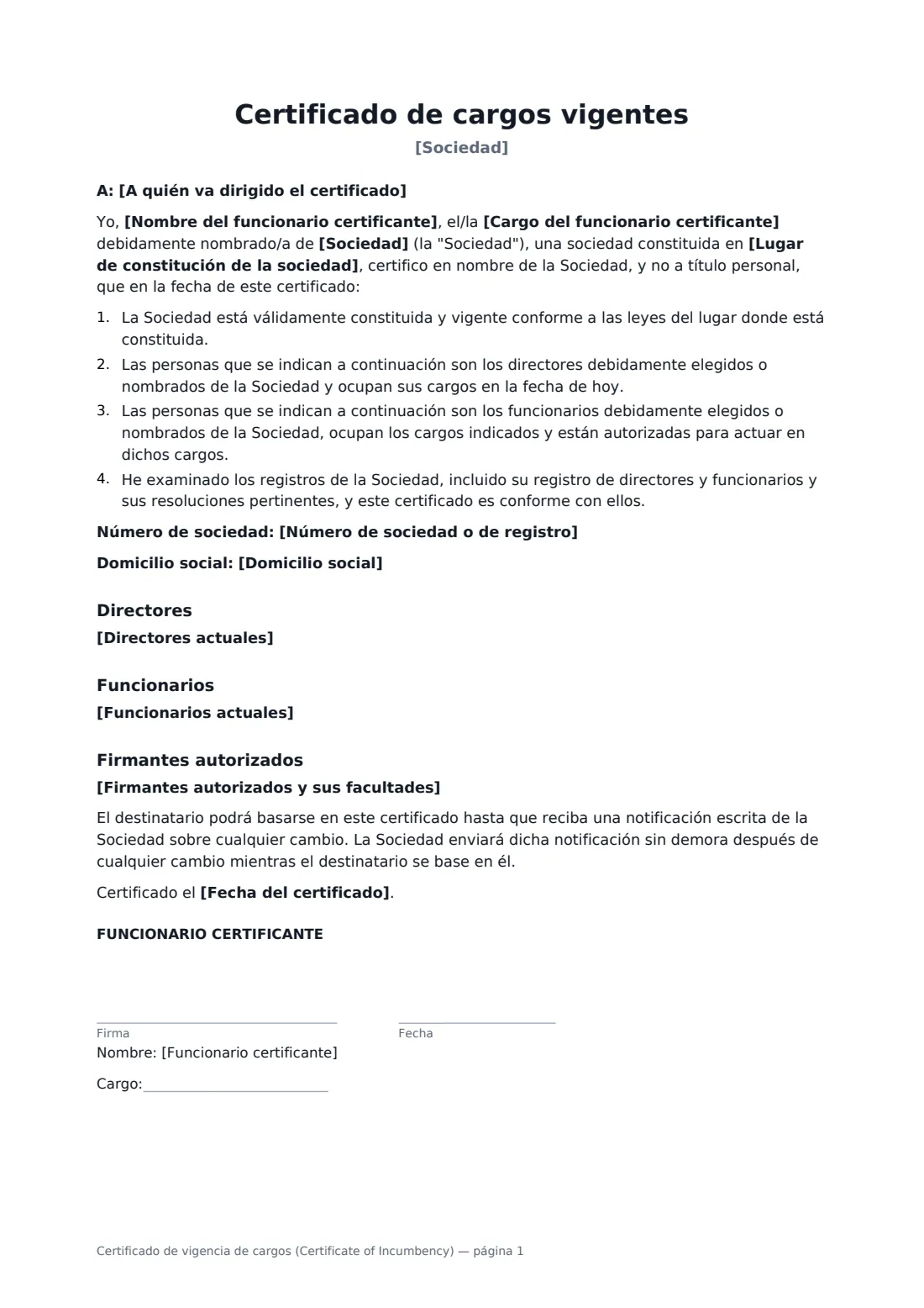 Certificado de vigencia de cargos (Certificate of Incumbency): página 1 de 2