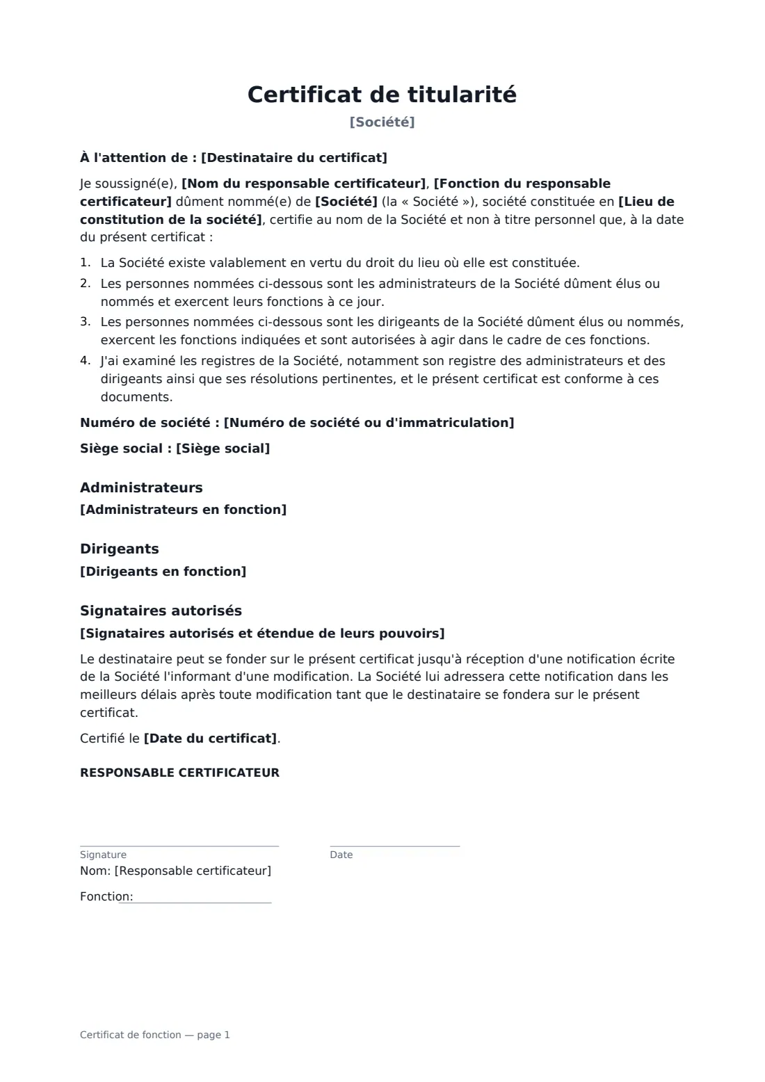 Certificat de fonction — page 1 sur 2