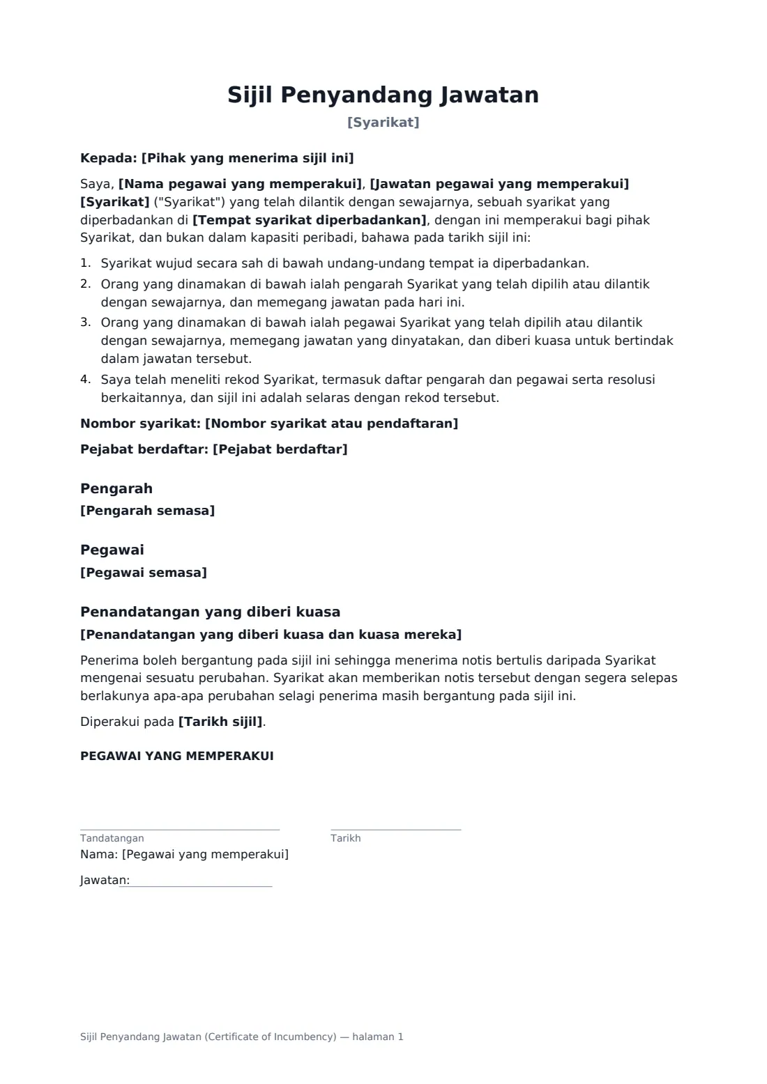 Sijil Penyandang Jawatan (Certificate of Incumbency) — halaman 1 daripada 2