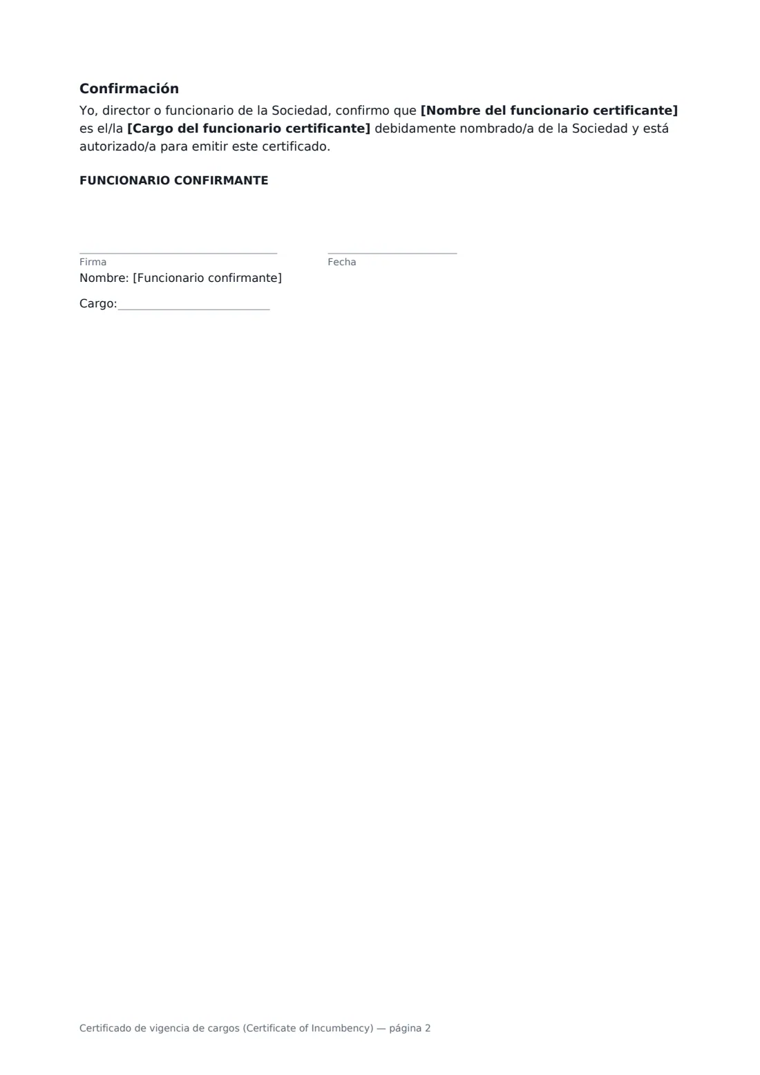 Certificado de vigencia de cargos (Certificate of Incumbency): página 2 de 2
