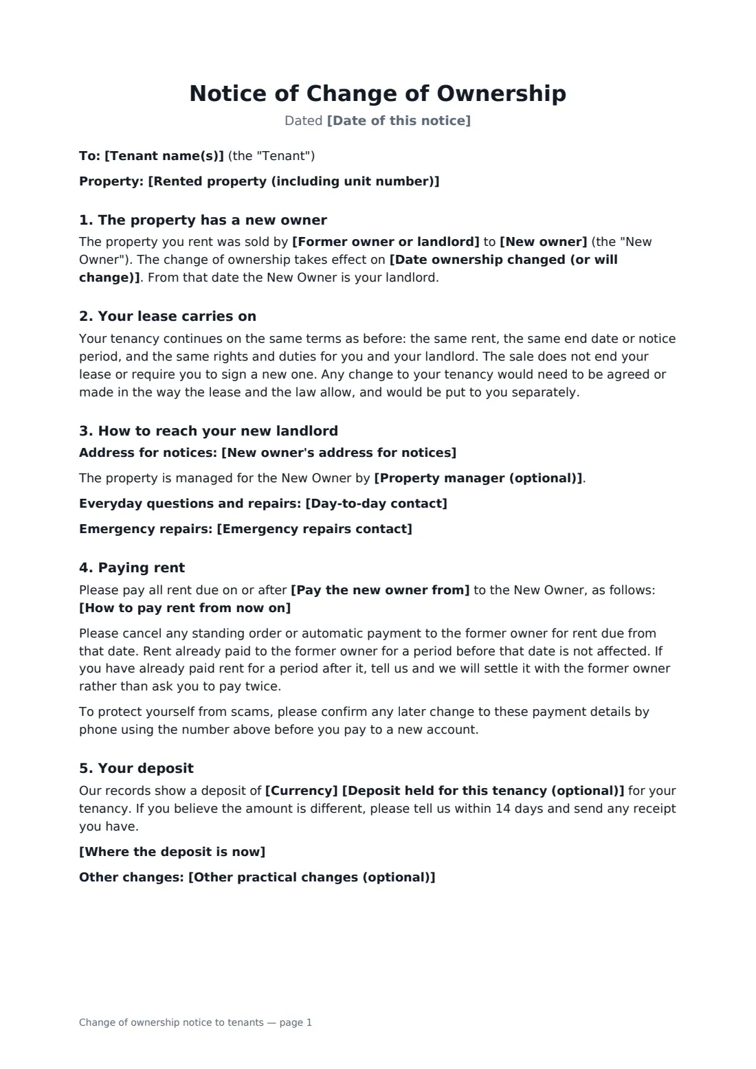 Change of ownership notice to tenants — page 1 of 2