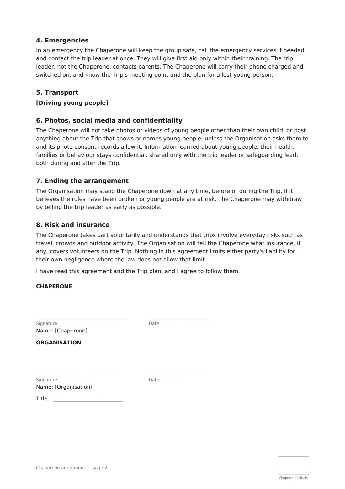 Chaperone agreement — page 2 of 2