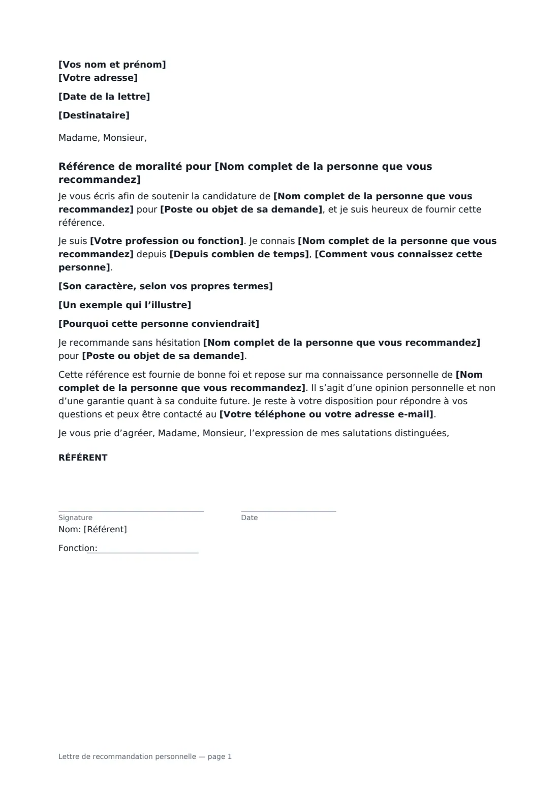 Lettre de recommandation personnelle — page 1 sur 1
