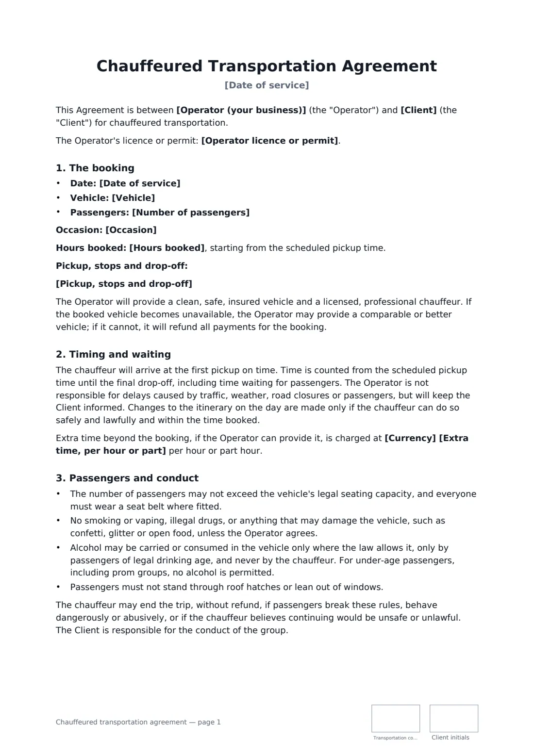 Chauffeured transportation agreement — page 1 of 2