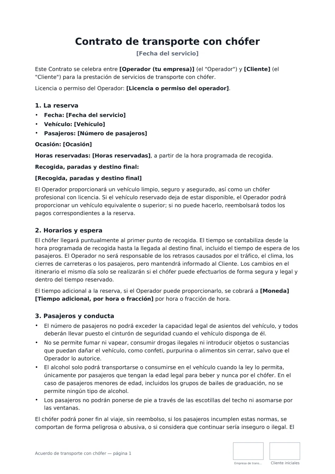 Acuerdo de transporte con chófer: página 1 de 3