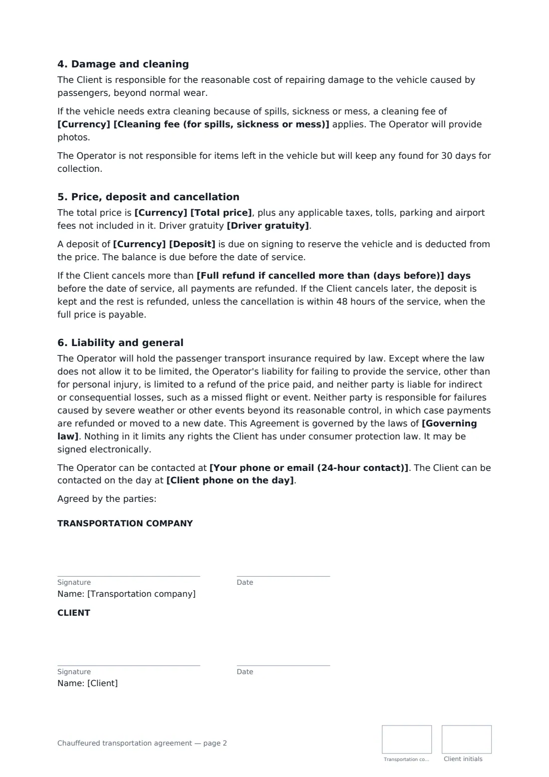 Chauffeured transportation agreement — page 2 of 2