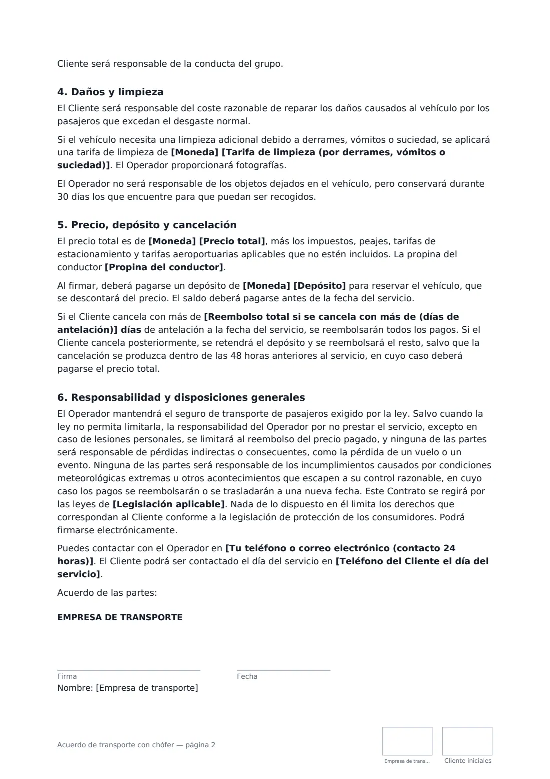 Acuerdo de transporte con chófer: página 2 de 3