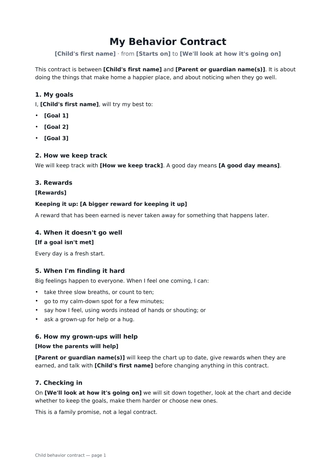 Child behavior contract — page 1 of 2