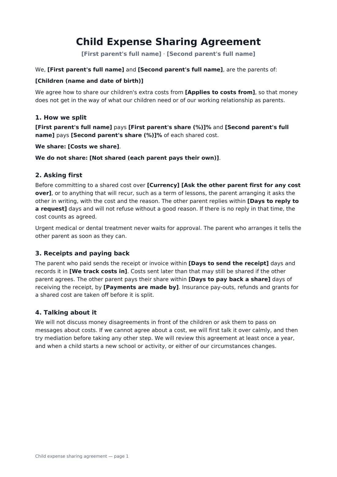 Child expense sharing agreement — page 1 of 2