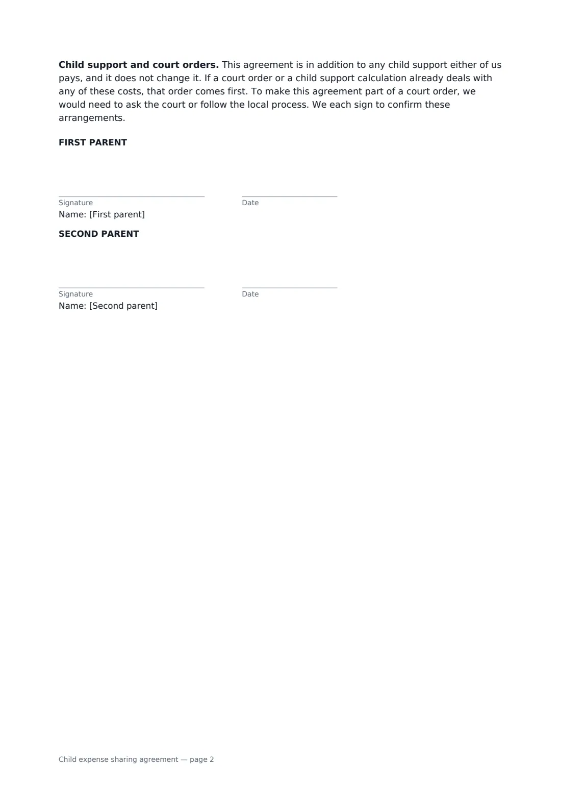 Child expense sharing agreement — page 2 of 2