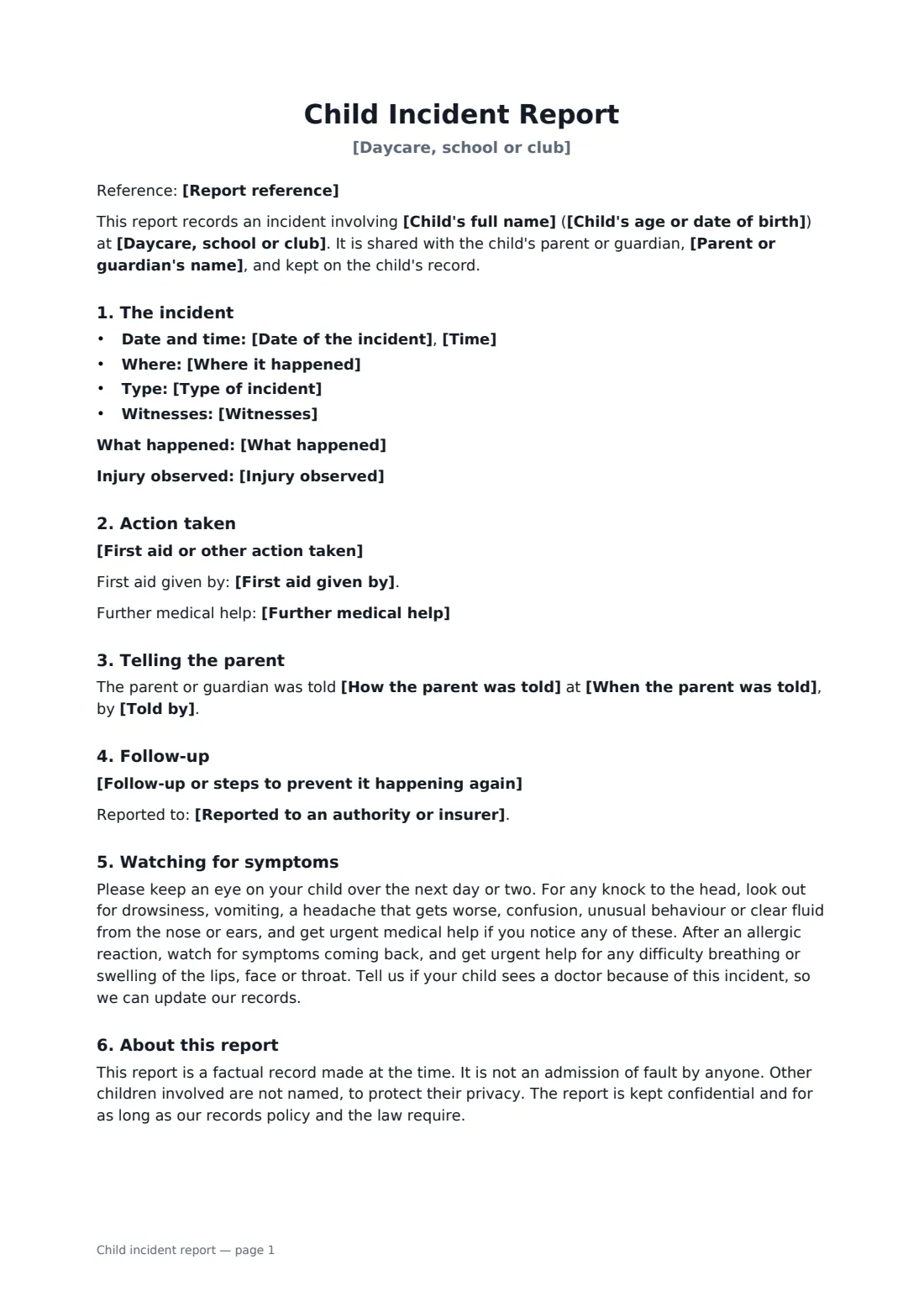 Child incident report — page 1 of 2
