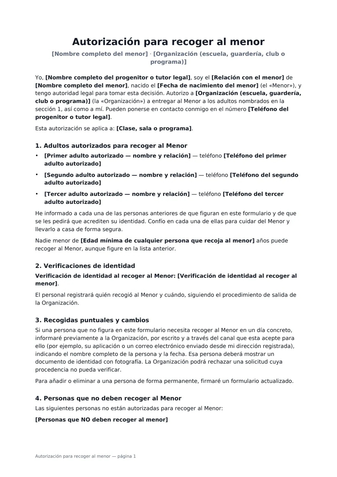 Autorización para recoger al menor: página 1 de 2
