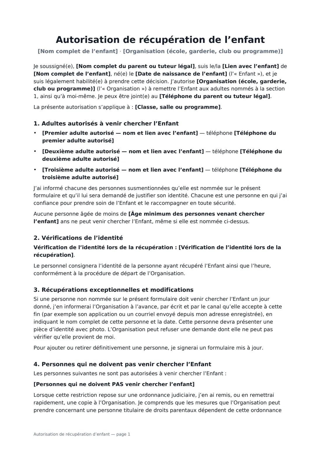 Autorisation de récupération d’enfant — page 1 sur 2