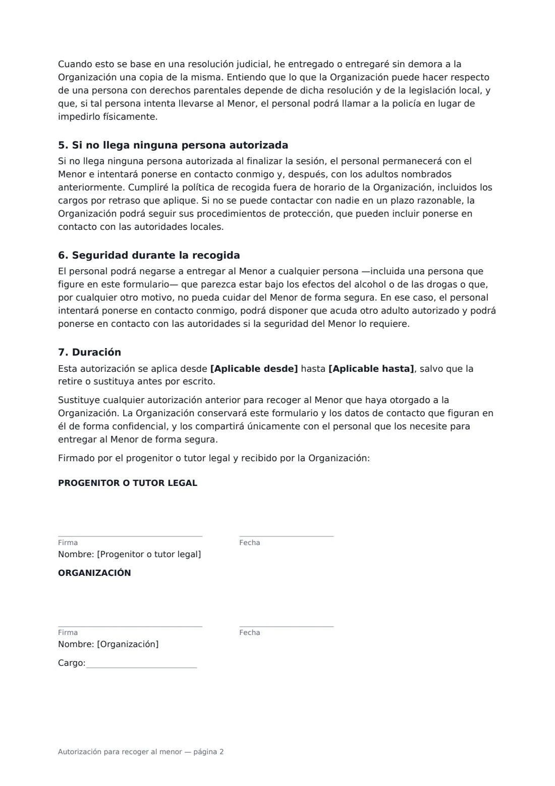 Autorización para recoger al menor: página 2 de 2