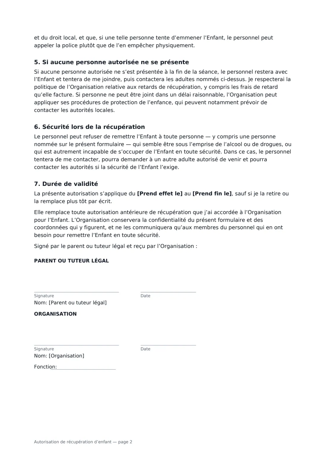 Autorisation de récupération d’enfant — page 2 sur 2