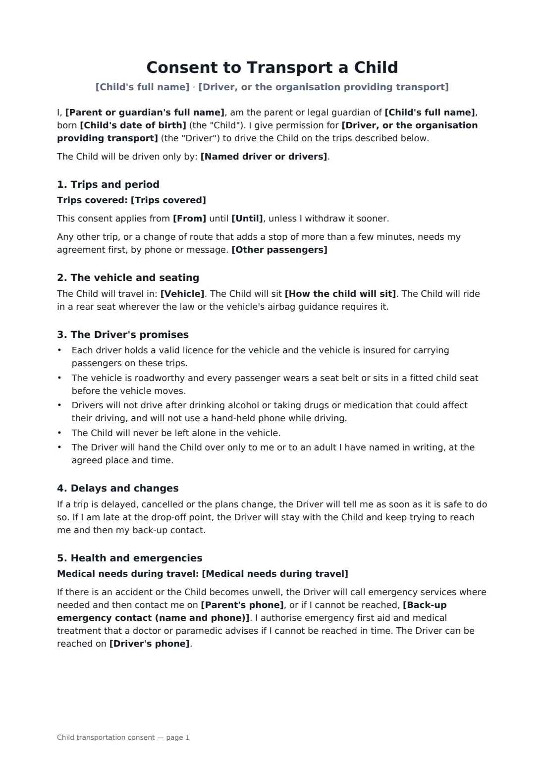 Child transportation consent — page 1 of 2