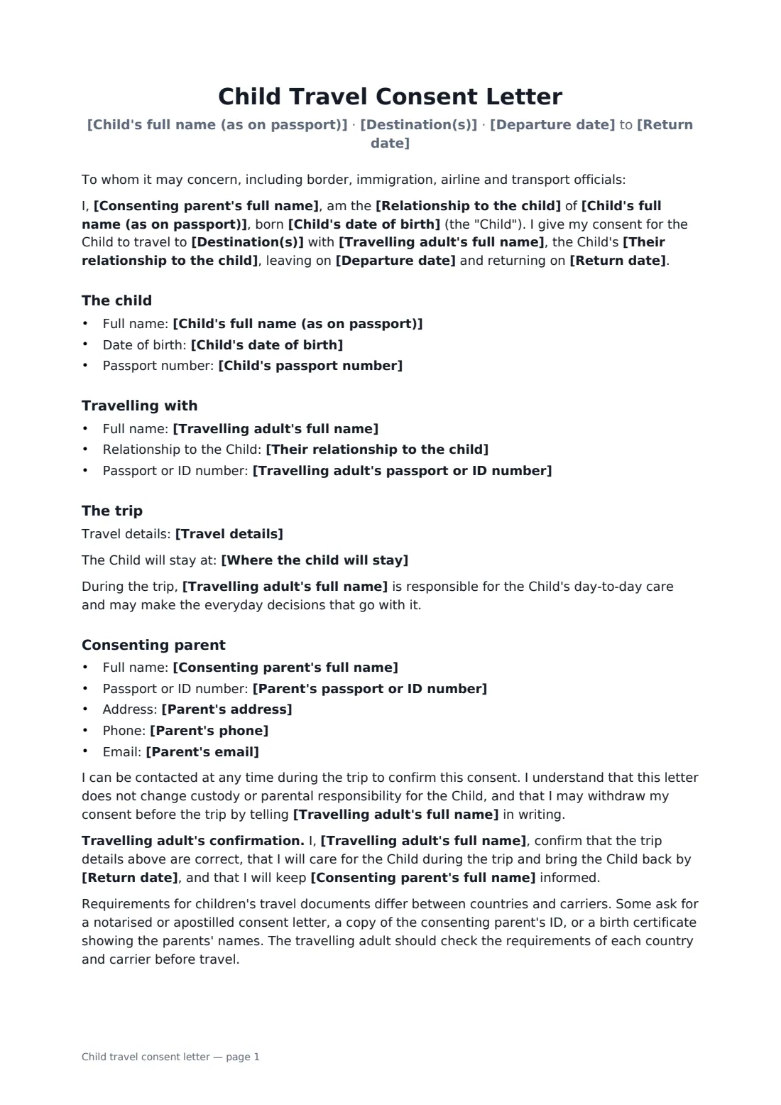 Child travel consent letter — page 1 of 2