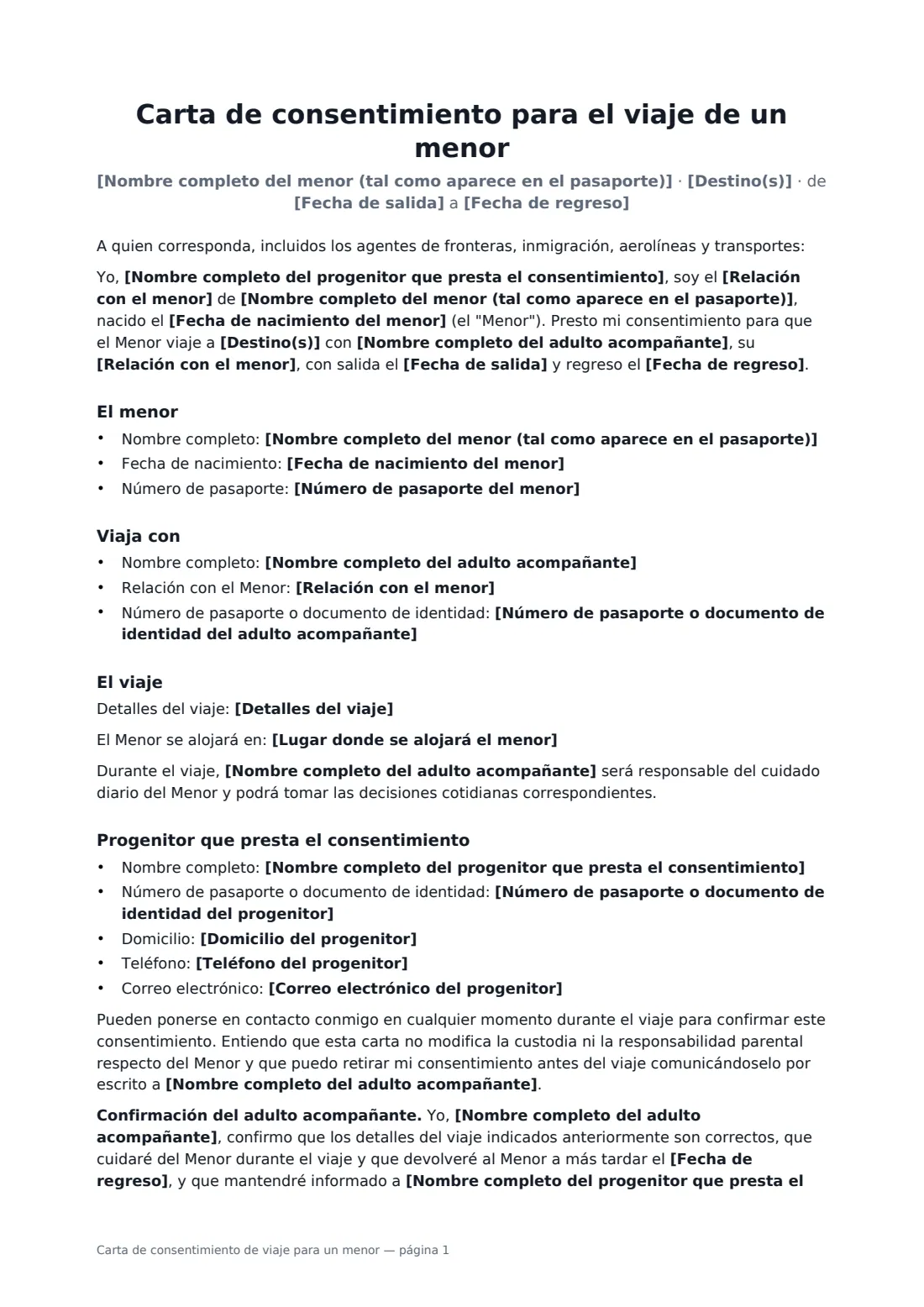 Carta de consentimiento de viaje para un menor: página 1 de 2