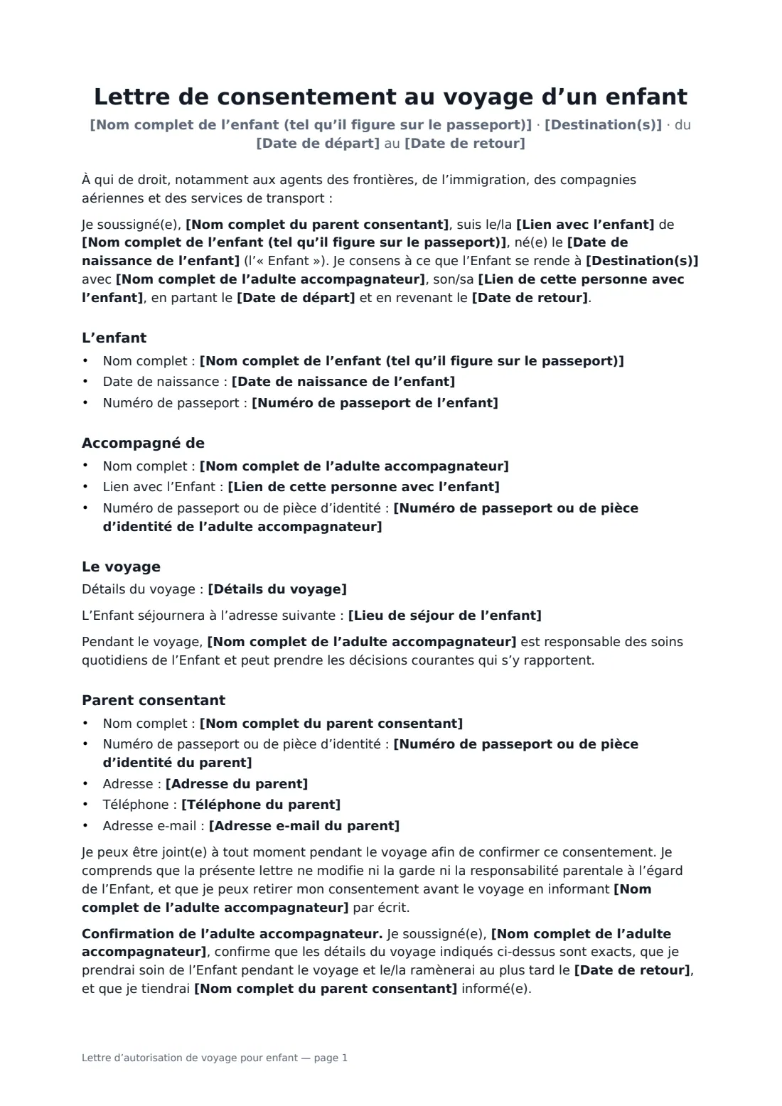 Lettre d’autorisation de voyage pour enfant — page 1 sur 2