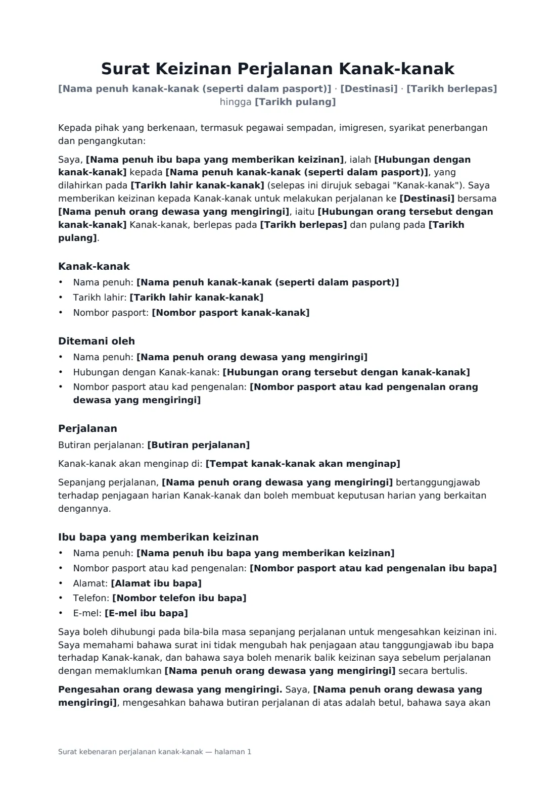 Surat kebenaran perjalanan kanak-kanak — halaman 1 daripada 2