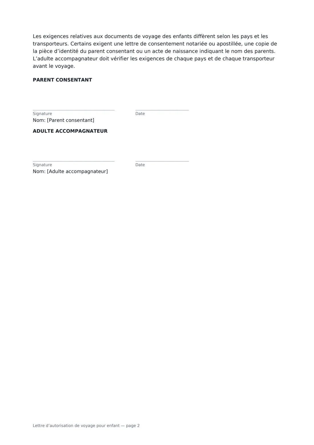 Lettre d’autorisation de voyage pour enfant — page 2 sur 2