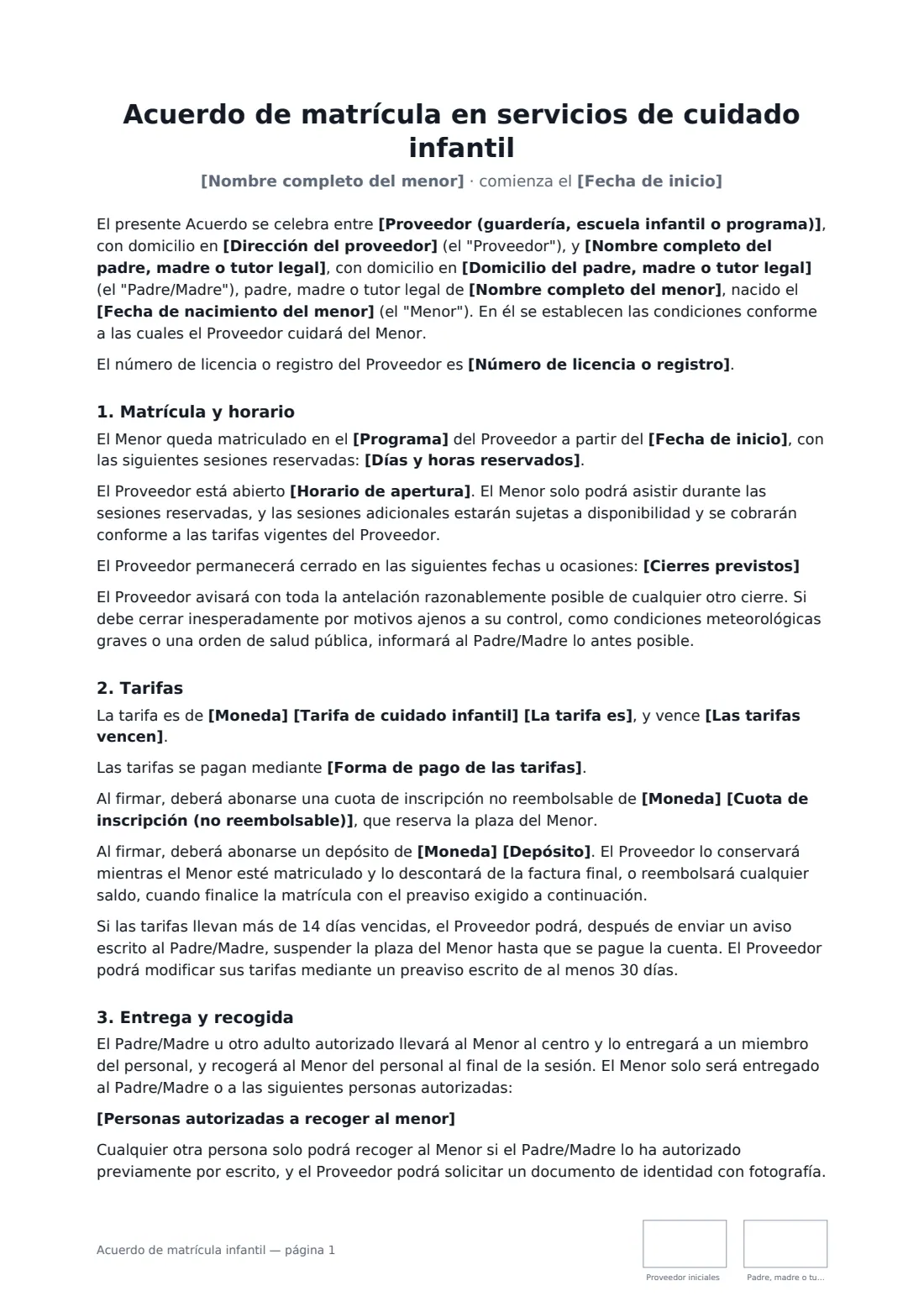 Acuerdo de matrícula infantil: página 1 de 4