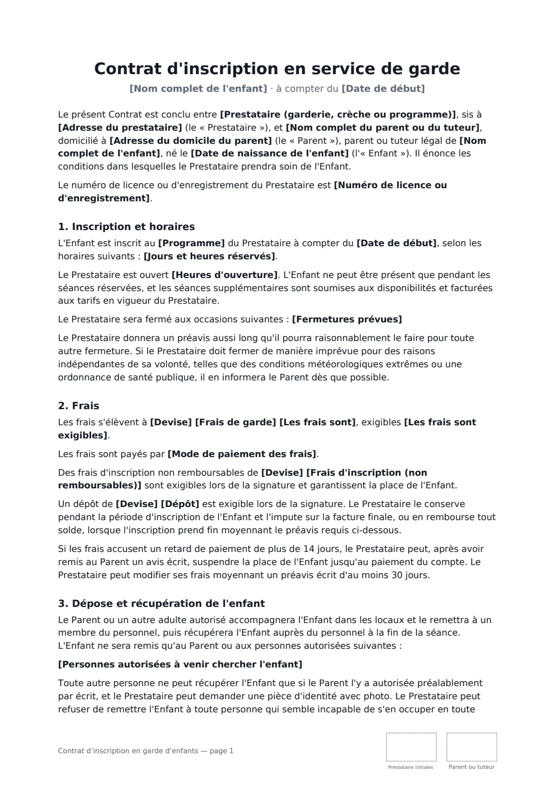Contrat d’inscription en garde d’enfants — page 1 sur 4