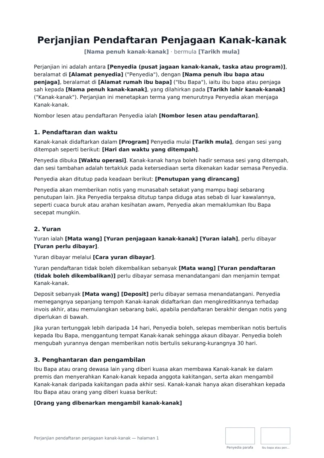 Perjanjian pendaftaran penjagaan kanak-kanak — halaman 1 daripada 4