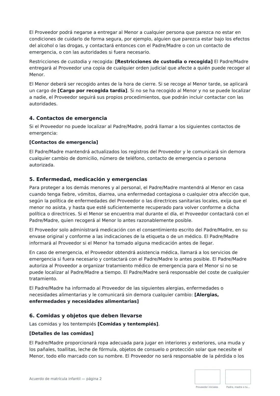 Acuerdo de matrícula infantil: página 2 de 4