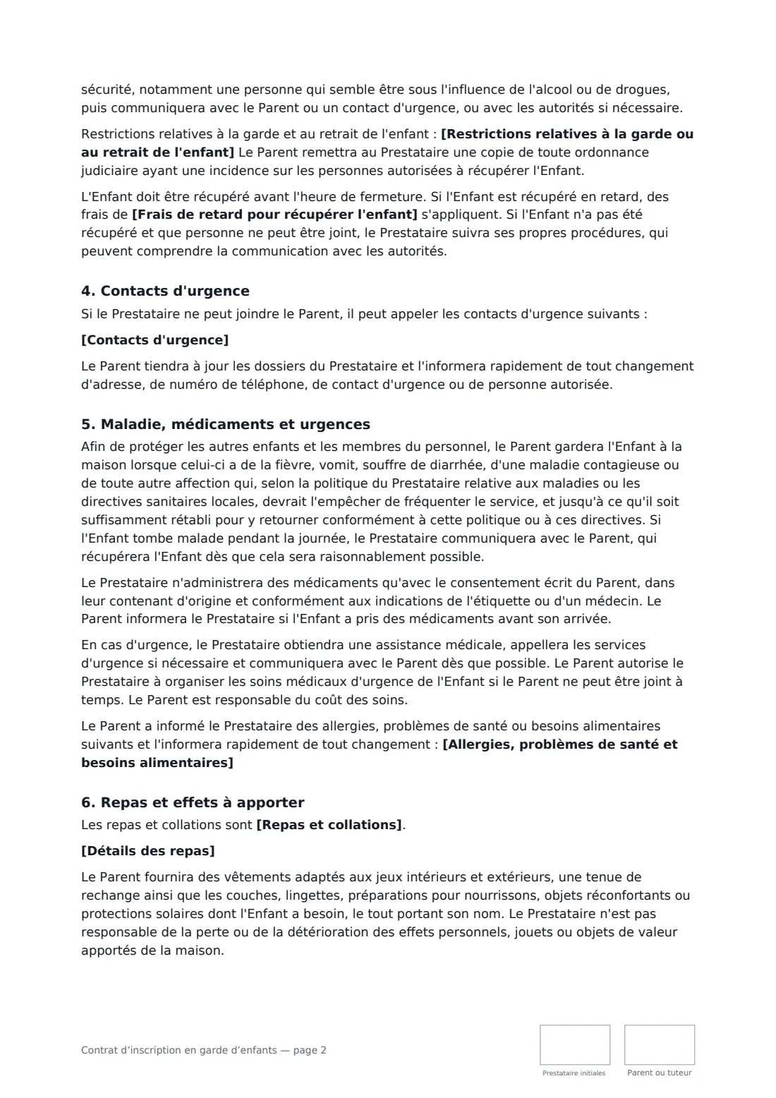 Contrat d’inscription en garde d’enfants — page 2 sur 4
