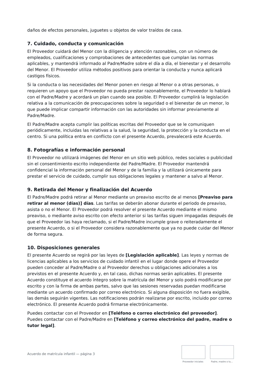 Acuerdo de matrícula infantil: página 3 de 4