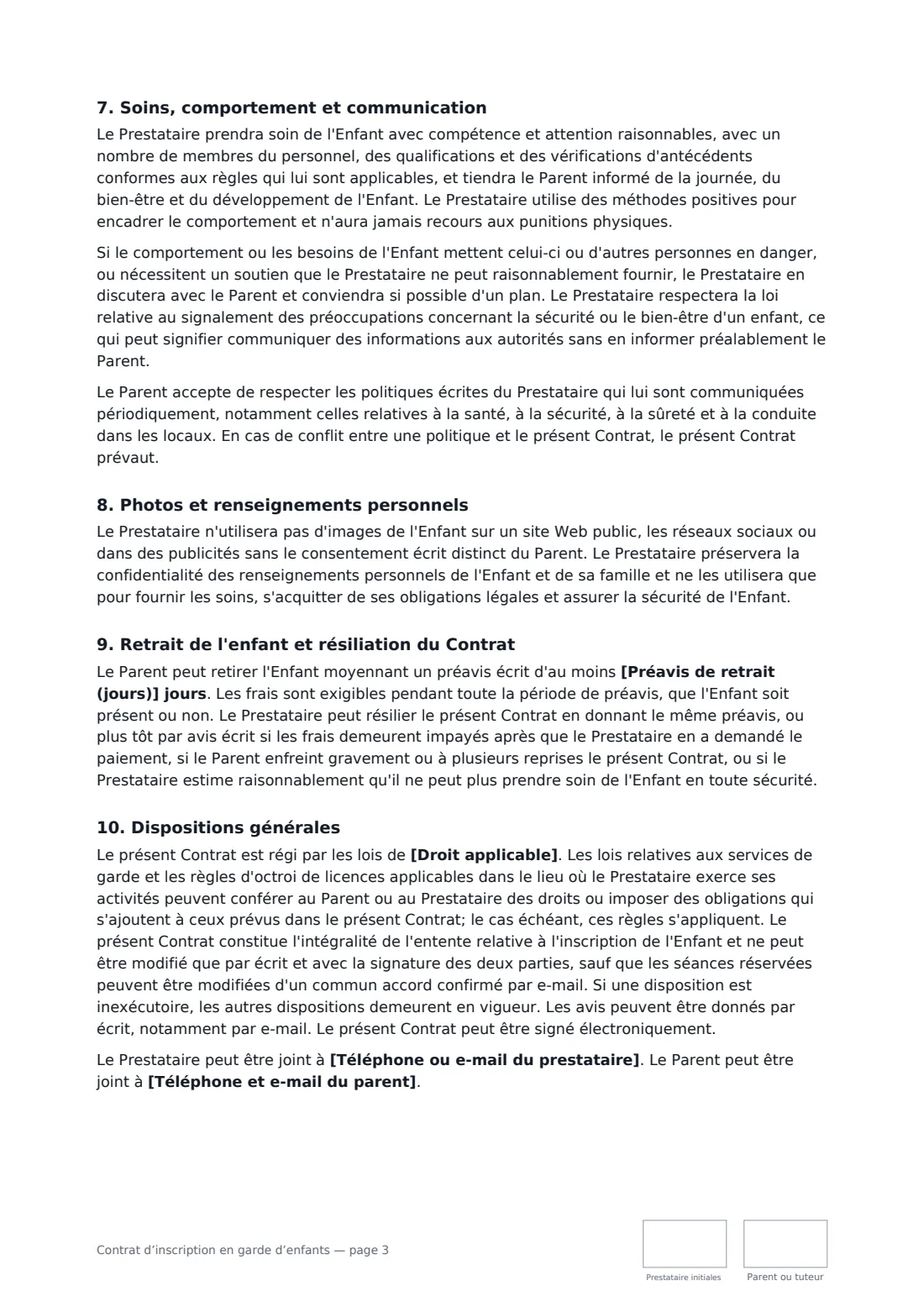Contrat d’inscription en garde d’enfants — page 3 sur 4