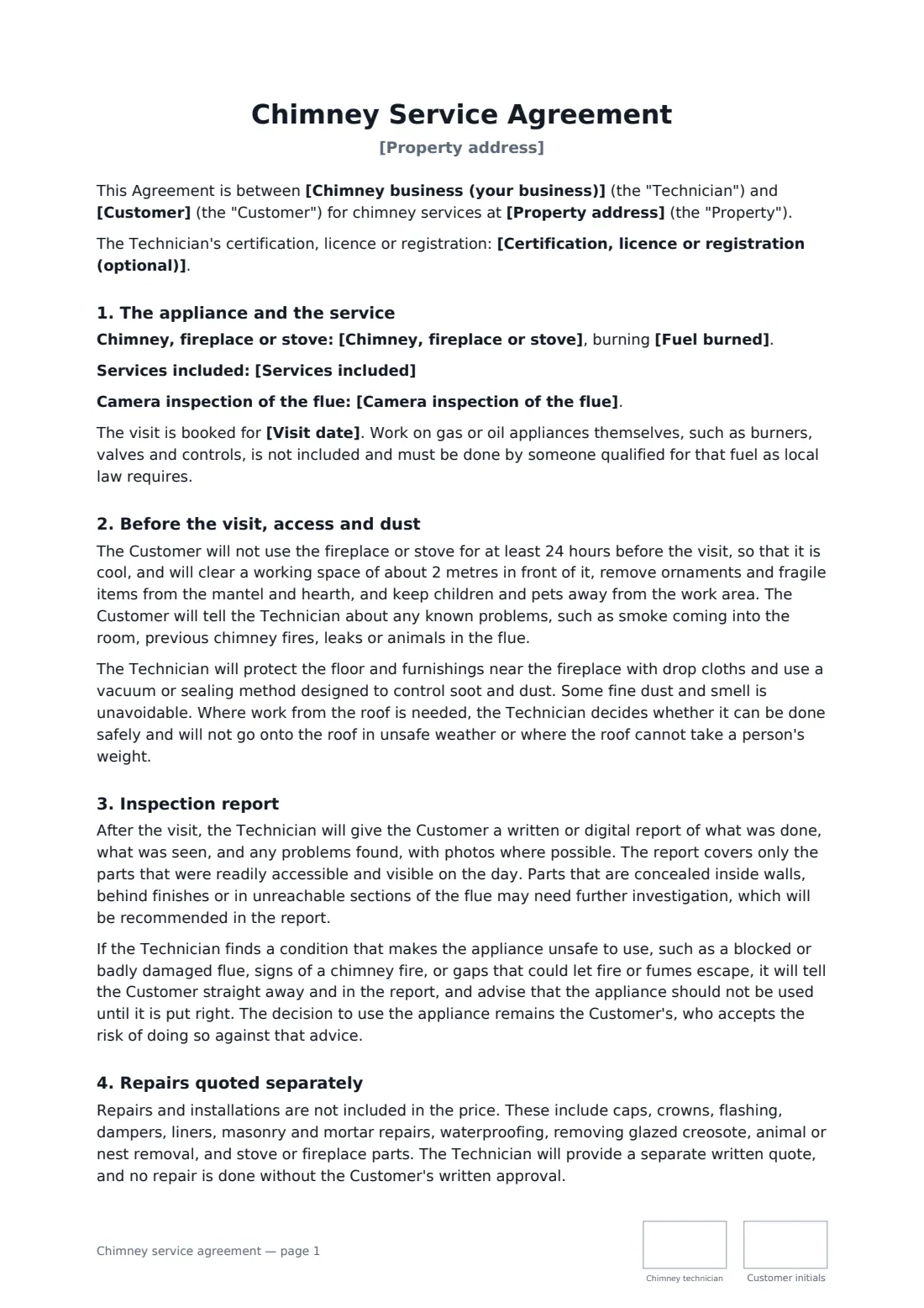 Chimney service agreement — page 1 of 2