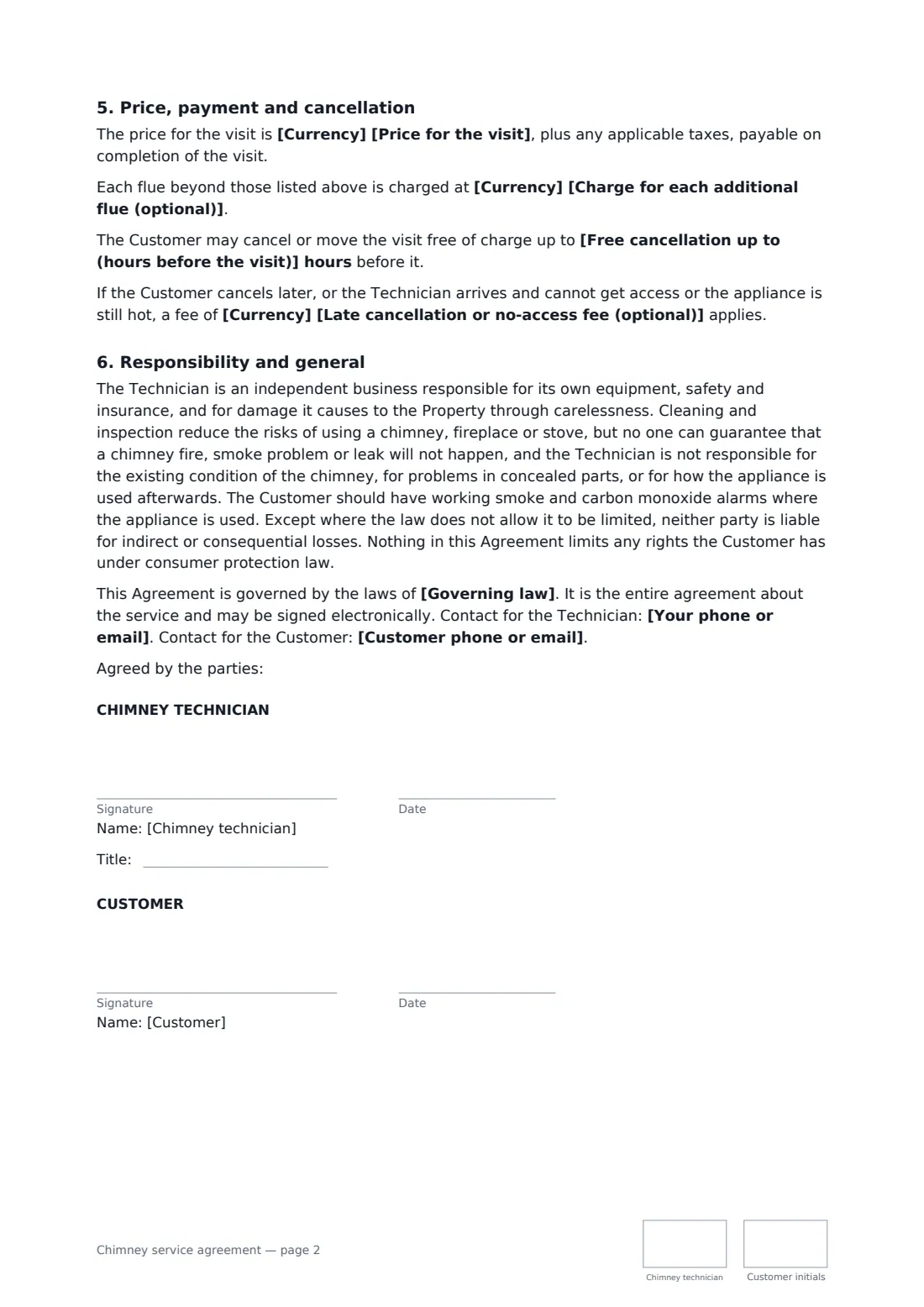 Chimney service agreement — page 2 of 2