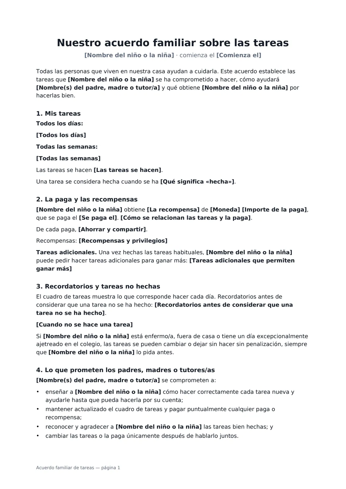 Acuerdo familiar de tareas: página 1 de 2