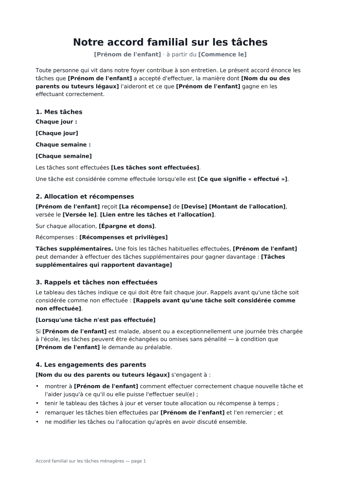 Accord familial sur les tâches ménagères — page 1 sur 2