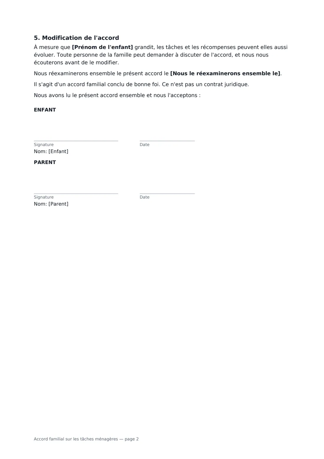Accord familial sur les tâches ménagères — page 2 sur 2