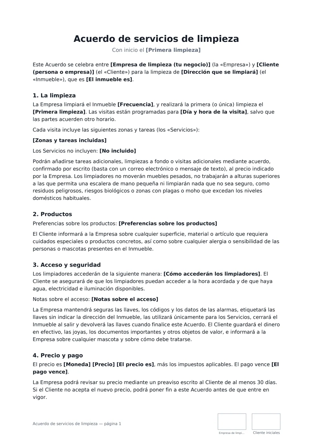 Acuerdo de servicios de limpieza: página 1 de 3