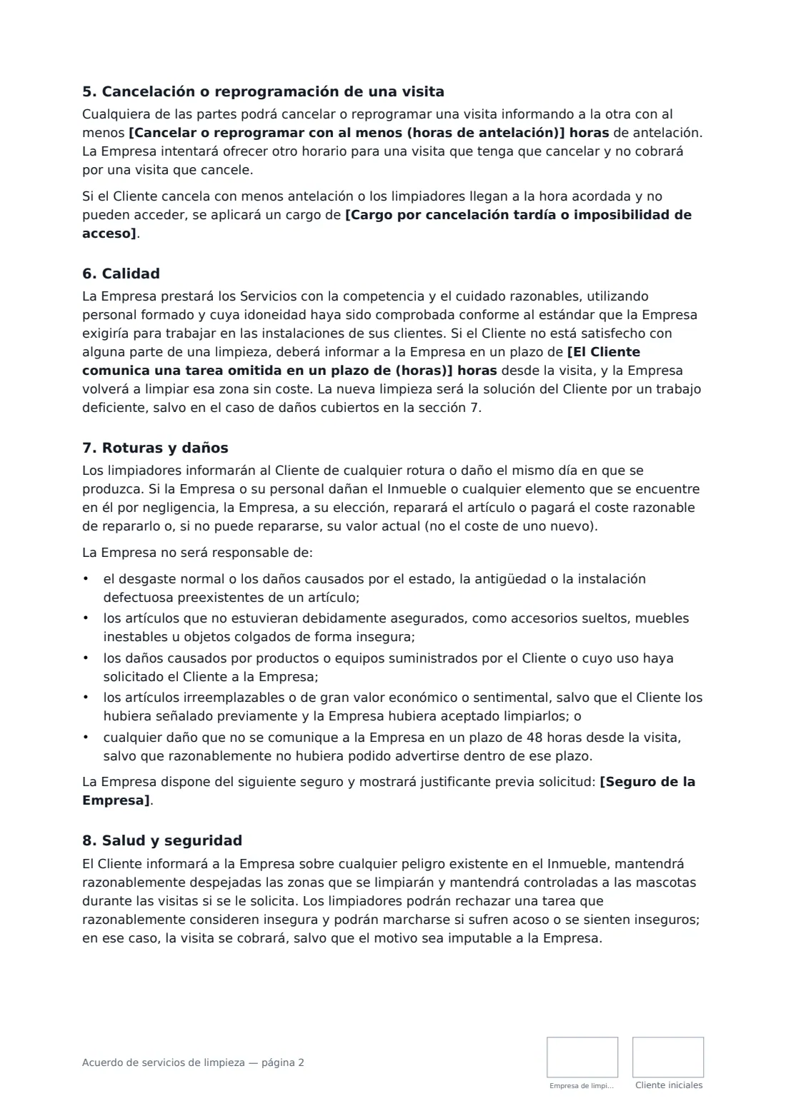 Acuerdo de servicios de limpieza: página 2 de 3