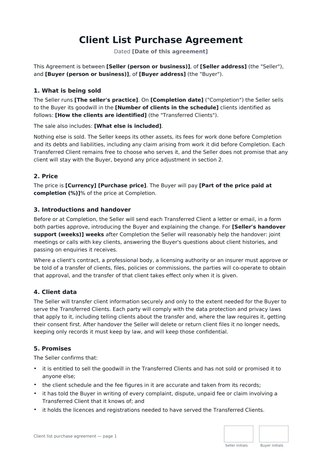 Client list purchase agreement — page 1 of 3