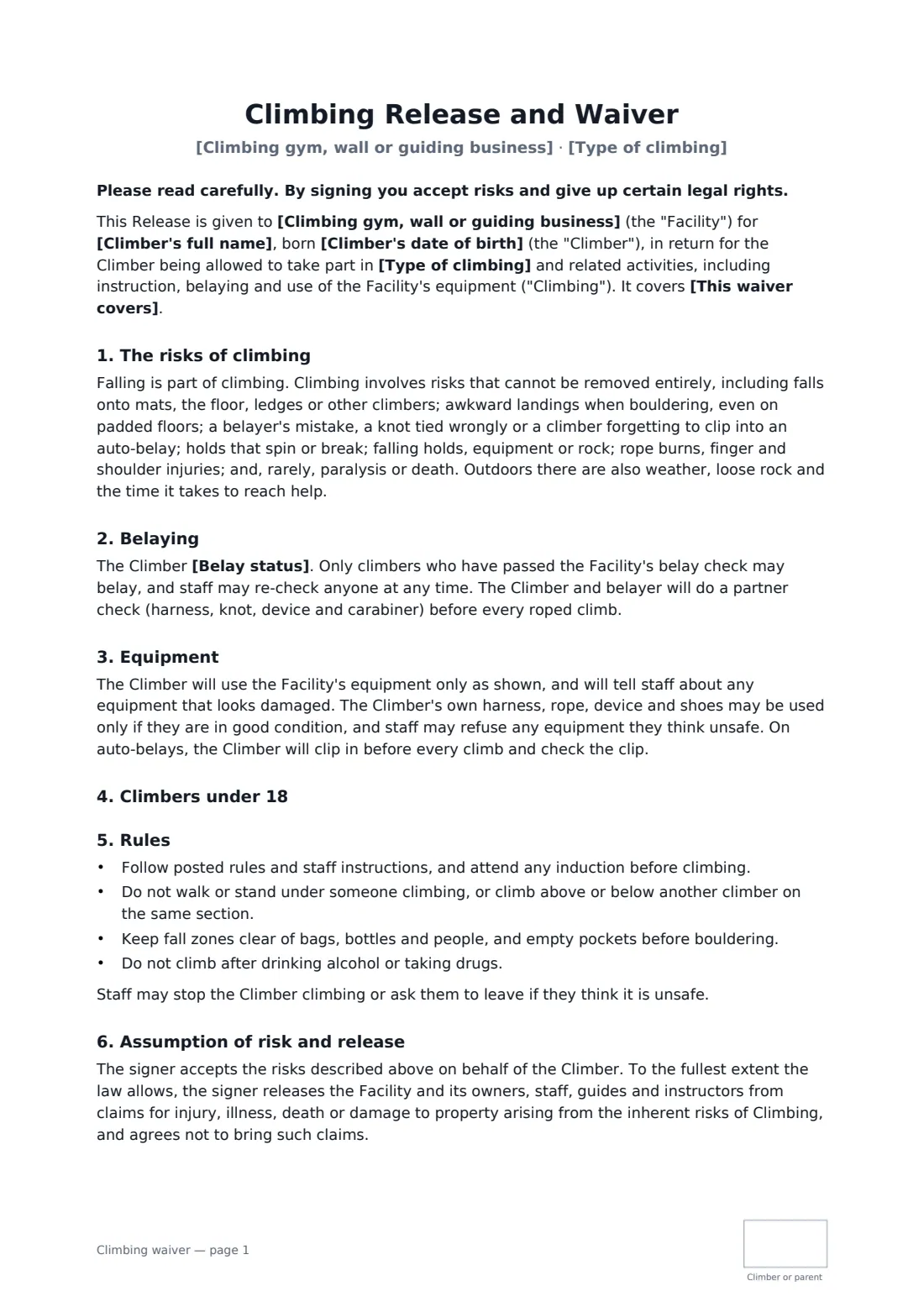 Climbing waiver — page 1 of 2