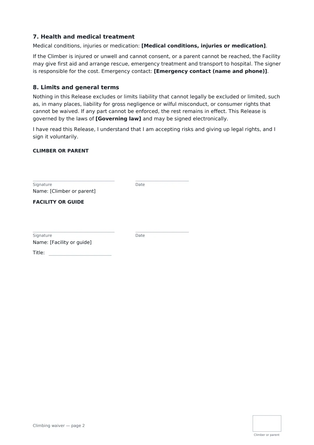 Climbing waiver — page 2 of 2