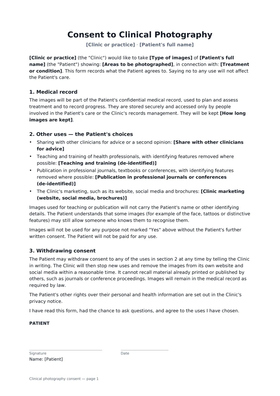 Clinical photography consent — page 1 of 2