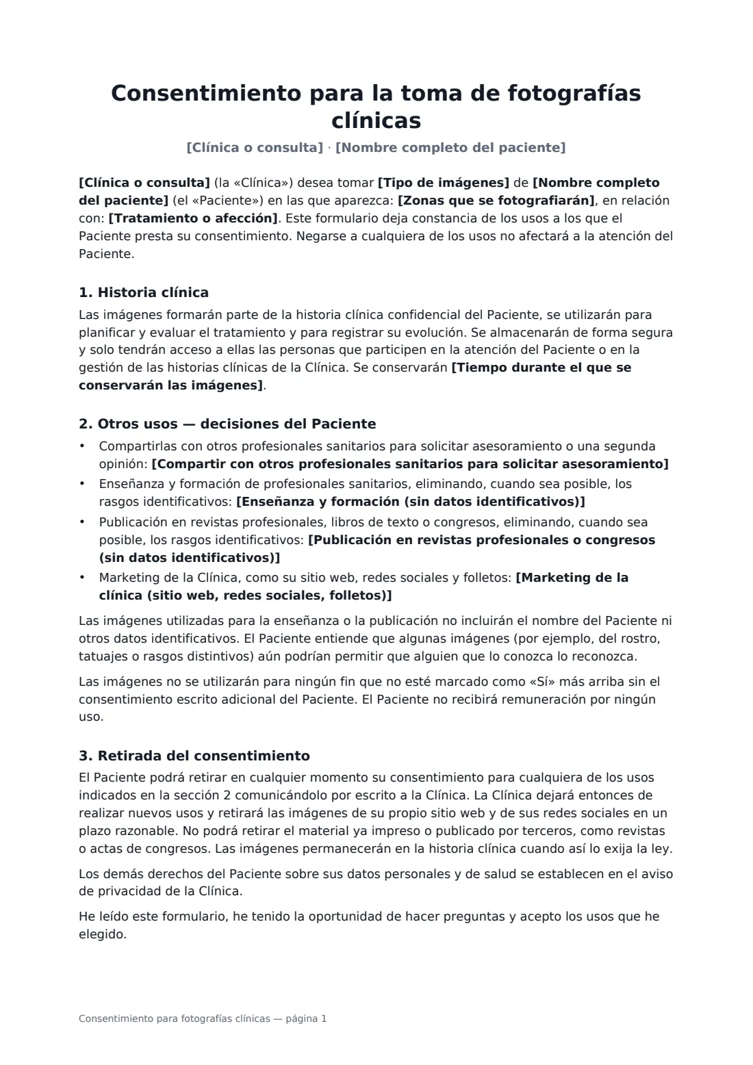 Consentimiento para fotografías clínicas: página 1 de 2
