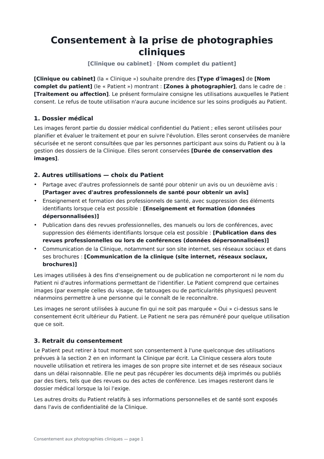 Consentement aux photographies cliniques — page 1 sur 2